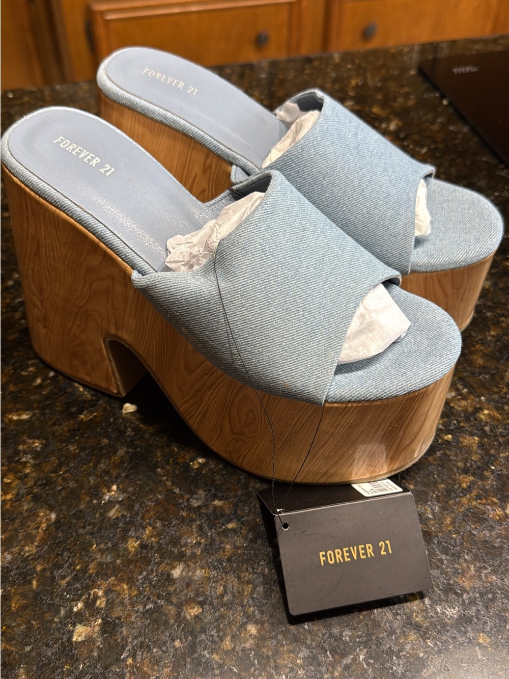 Forever 21 Light Denim Blue Platform Slide Heels